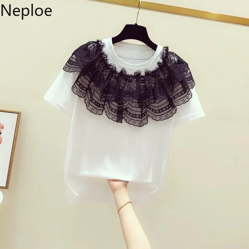 女性のTシャツNeploe 2021 Ropa Mujerカジュアルな白いシャツファッションレースのパッチワークOネック半袖Tシャツ韓国の甘いトップスFe