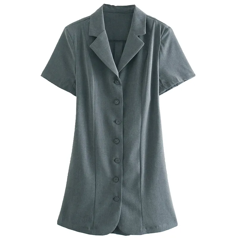 Verão cinzento blazer vestido moda manga curta entalhada colarinho cortado botão de volta Botão Frente Mulheres Casuais Bodycon Mini 210604