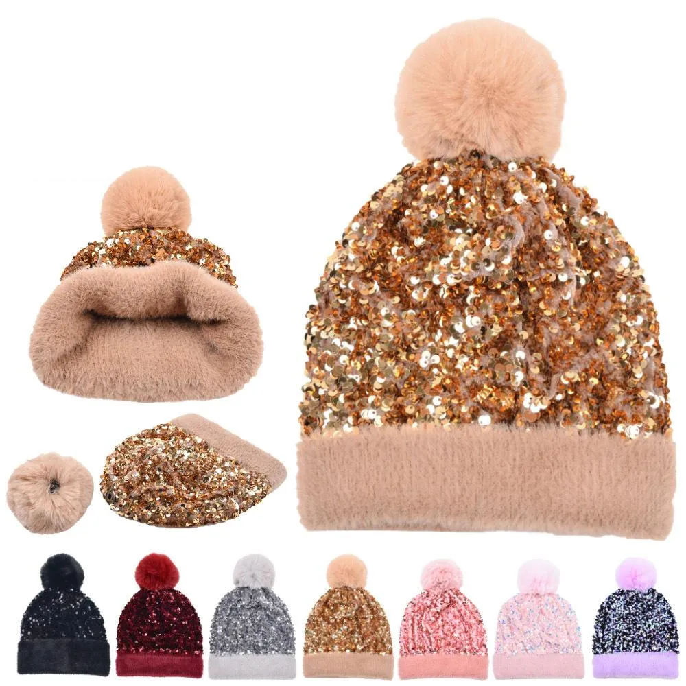 Vinter plus sammet sequins stickade hattar för kvinnor Beanie hatt unisex elastisk varm hip hop cap soft baggy bonnet grossist