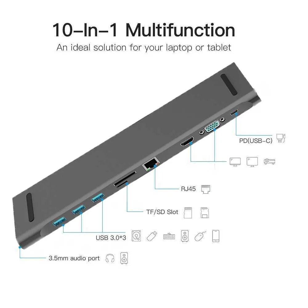 Ny 10 i 1 nav 4k USB-typ-C till USB 3.0 TF VGA RJ45 Mini DP-dockningsstation eller Huawei Samsung Xiaomi