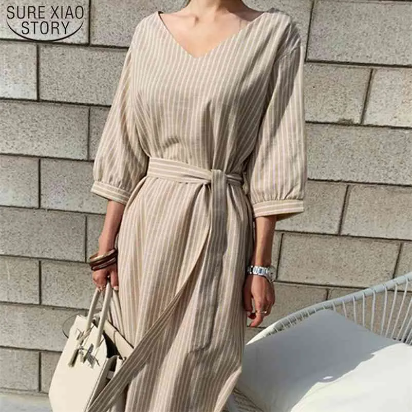 夏の縞模様のコットンリネンロングドレス女性のファッションプラスサイズのvestidosビンテージVネックハーフスリーブルース210510