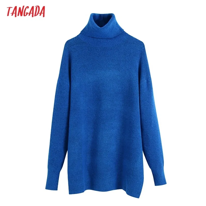 Tangada kvinnor vintage blå lös casual stickning turtleneck tröja kvinnlig chic high street pullover varumärke topps be75 211018