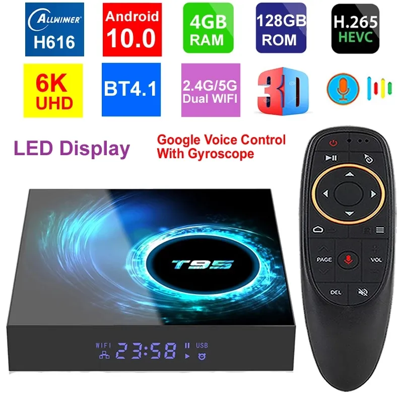 T95 6K Smart TV Box Android 10.0 4GB 128GB Allwinner H616 Quad Core 5G Dubbel WIFI HDR H.265 BT4.1 6K Mediaspelare Set Top Box