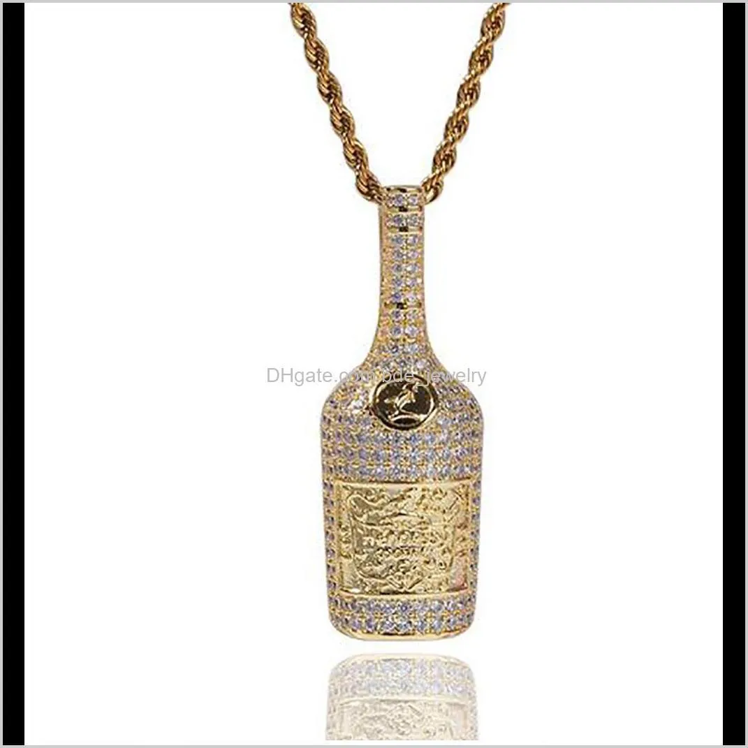 k 14k gold wine whiskey bottle pendant necklace mens micro pave cubic zirconia with 24inch rope chain