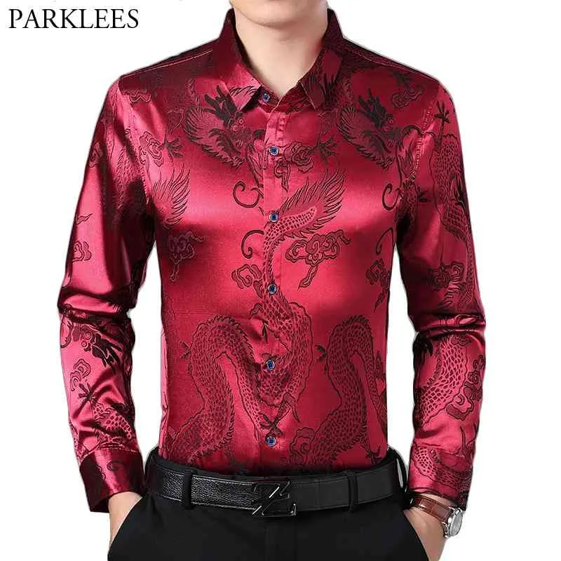 Wijn Rood Smooth Silk Satin Shirt Mannen Chinese Dragon Jacquard Mens Slim Fit Lange Mouw Button Down Jurk Shirts Chemise 4XL 210706