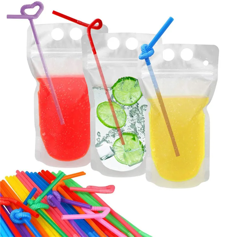 Pochettes à boissons, pochettes debout pour boissons à jus avec paille, sac d'emballage de boissons en plastique 17oz