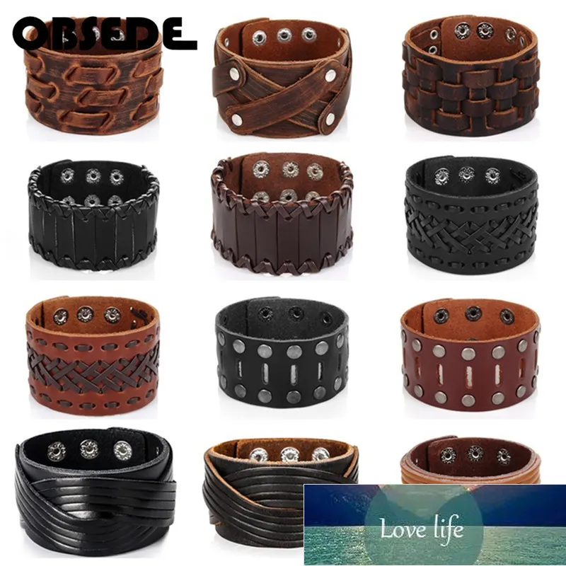 Obsede Wide Genuine Leather Bracelet for Men Brown Cuff Bracelets Bangle Wristband Vintage Punk Male Jewelry Gift Factory Price Expert Design Quality