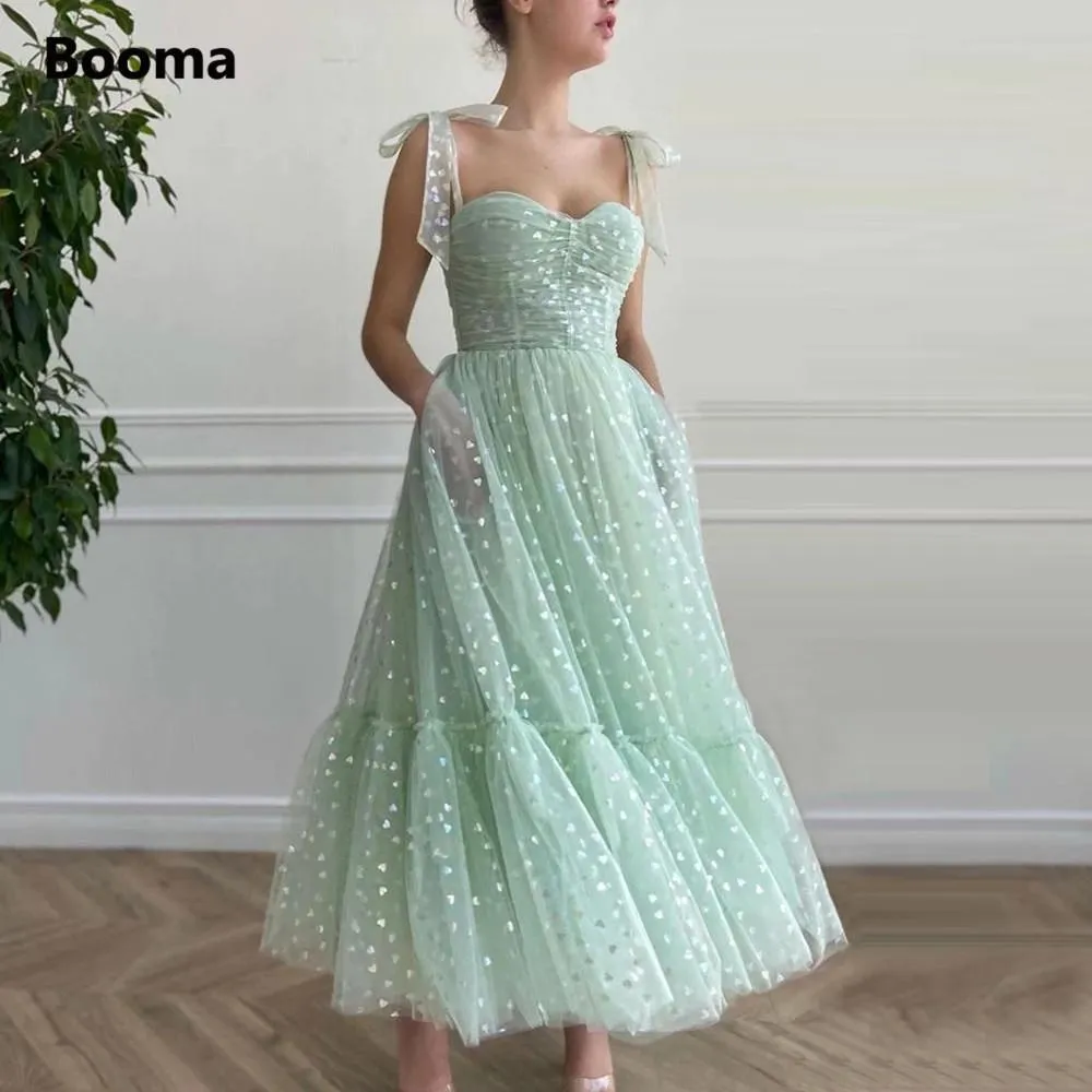 Booma Mint Green Hearty Tied Bow Straps Sweetheart Midi Prom Gowns Pockets Tea Length Evening Gown Party Dresses