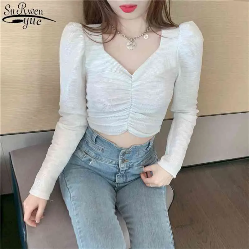 Spring Short Sexy Shirts Blouses Puff Sleeve Pleated White Blouse Women V-Neck Solid Casual Female Shirt Tops Blusas 12961 210427