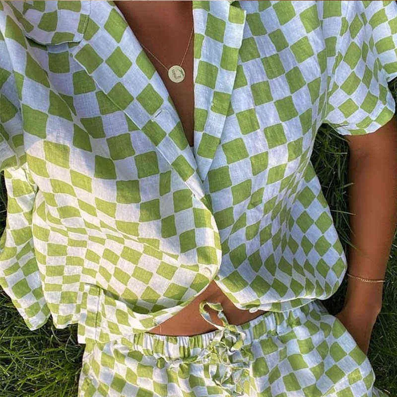 Casual Kadın Lounge Giyim Yaz Ekose Eşofman Şort Set Kısa Kollu Gömlek Üstleri Ve Mini Şort Takım 2021 Yeşil Iki Parçalı Set Y0702