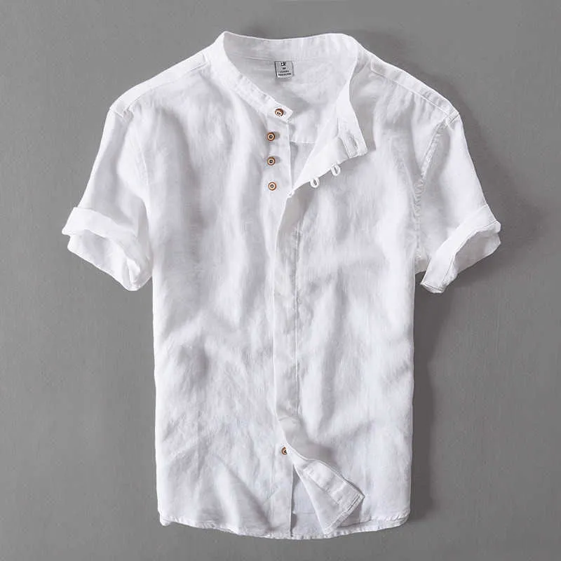Été à manches courtes chemises pour hommes pur lin mince mince Style décontracté solide blanc hauts grande taille M-4XL mâle Vintage vêtements 210721