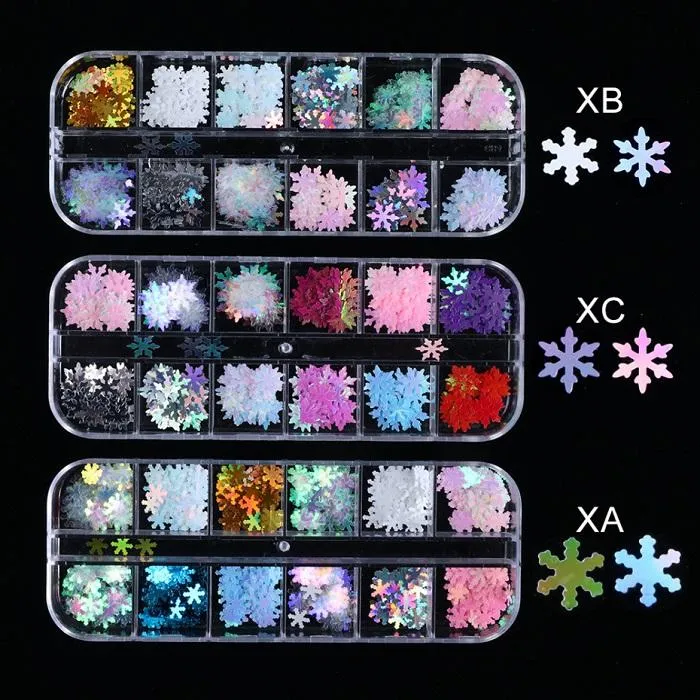 Premere sulle unghie unghie finte Nail art trucco merci mestiere glitter Natale 12 griglia laser fiocco di neve Foglio scatola tendenza invernale paillettes 50 set molto