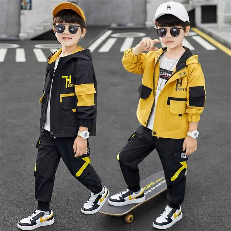 Automne enfants garçons tenues jogger ensemble capuche vestes noires / jaunes + pantalons deux pièces ensembles de sport mode vêtements adolescents 4 8 12 ans 210622