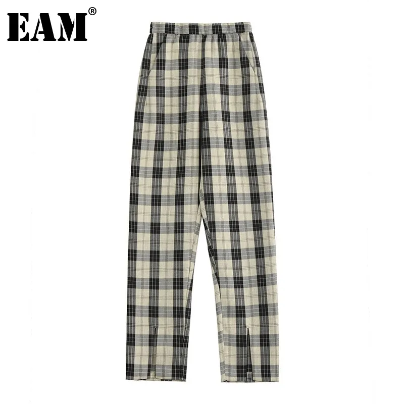 [EAM] Plaid Slit Pockets Casual High Elastic Waist Trousers Loose Fit Full Pants Women Fashion Spring Summer 1DD8381 210512