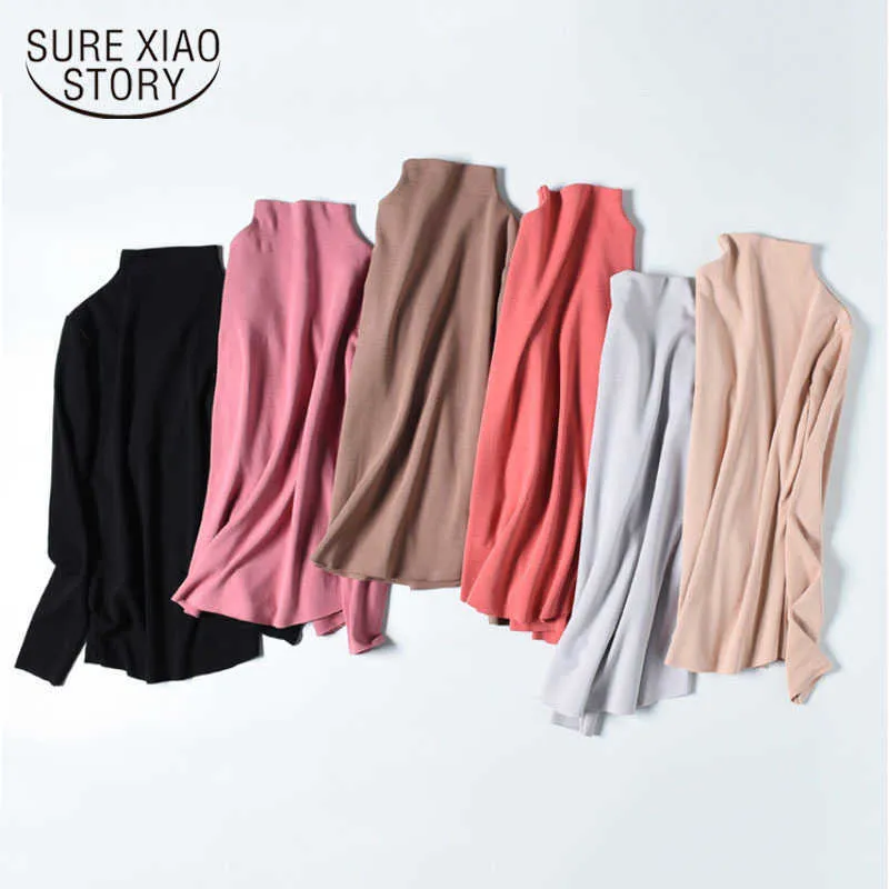 Camicia a maniche lunghe in stile coreano Dolcevita Autunno Inverno T-shirt a maniche lunghe da donna in cotone Slim Solid Office Lady Abbigliamento 11103 210527