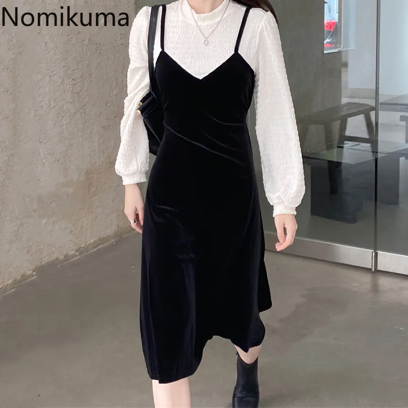 Nomikuma Contrast Color Patchwork Elegant Dress Women Fake Two Piece Stand Collar Long Sleeve Mid Calf Dresses Vestidos 3d710 210514