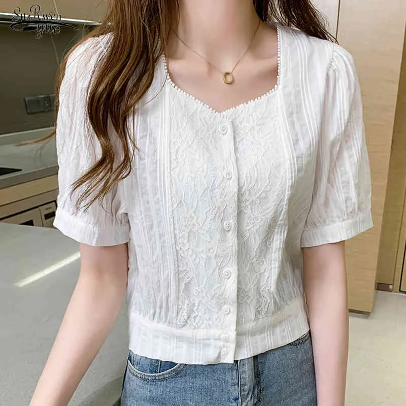 Summer Square Collar Cotton Lace Women Blouse Office Lady Solid Cardigan Shirts for Women White Tops Blusas Mujer 9777 210518