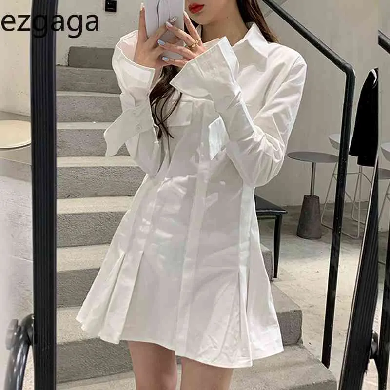 Ezgaga High Waist Dress Women Pleated Long Sleeve Turn-Down Collar Solid Korean Chic Ladies Bodycon Dress Fashion Vestidos 210430