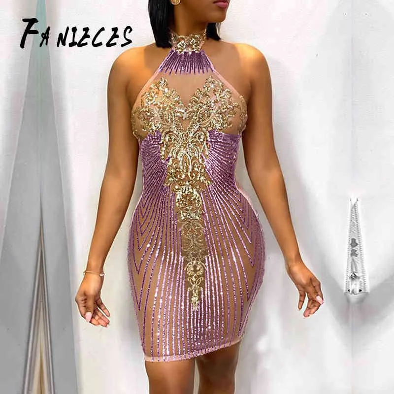 Vintage Sequins Halter Party Dress Kvinnor Ärmlös Sequined Pencil Dresses Sexig Glitter Night Club Bodcon Vestidos Drop 210520