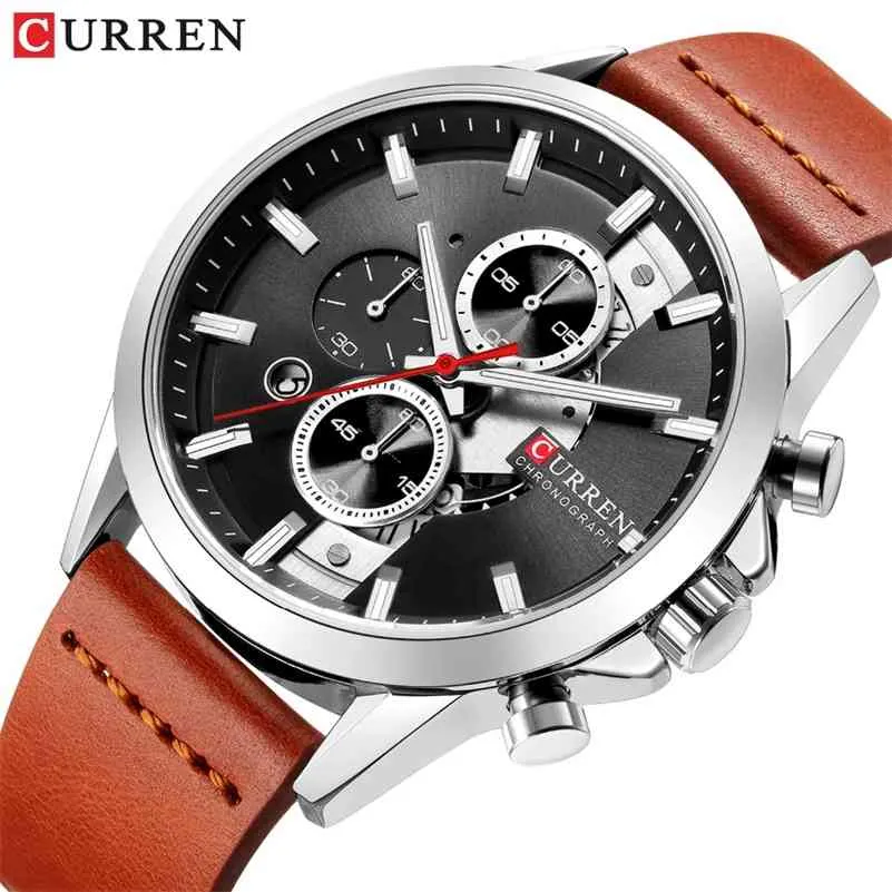 Top Fashion Brand Curren Casual Quartz Watch Mens Sport Vattentät Armbandsur Armé Militär Läder Male Clock Relogio Masculino 210517