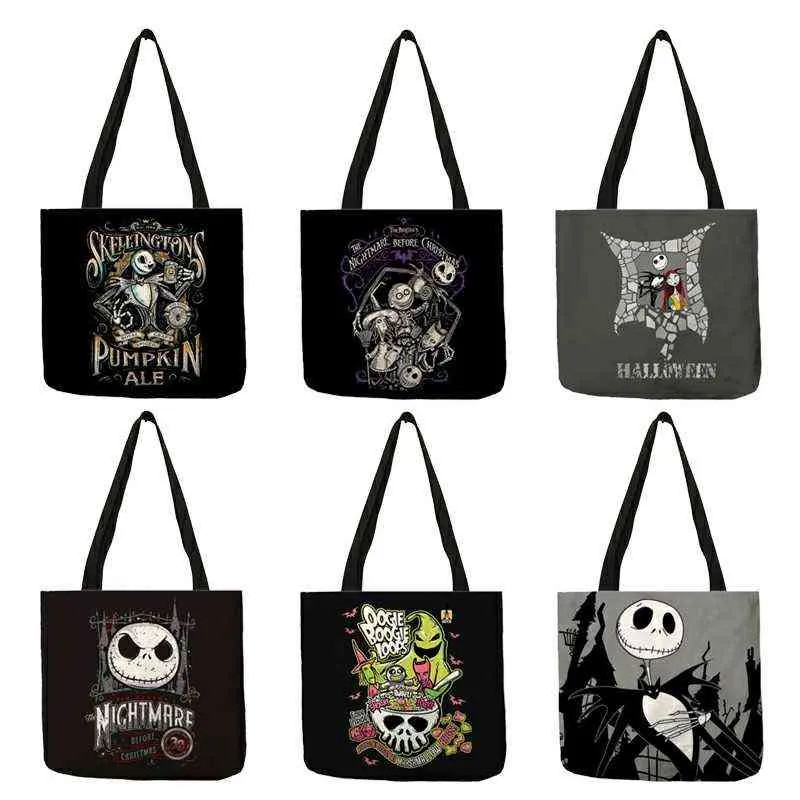 Coolste Halloween Totenkopf Jack Print Eco Leinen Tragetasche Mode Reise Damen Freizeit Shopping Hochwertige faltbare Handtasche