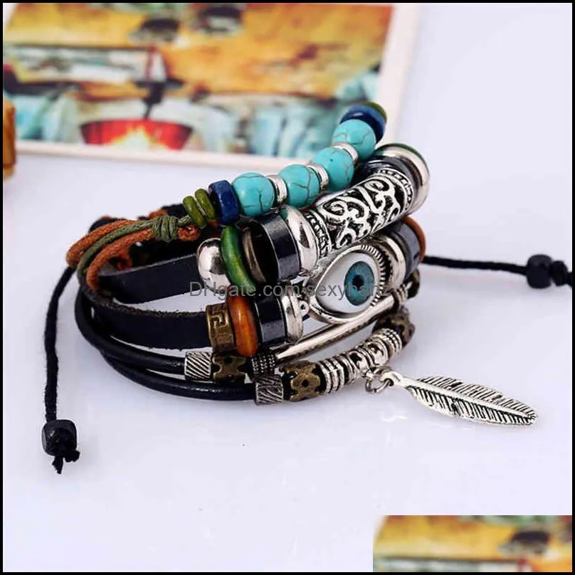 Bracelets bracelet feather Alloy pendant Beaded cowhide woven leather Jewelry