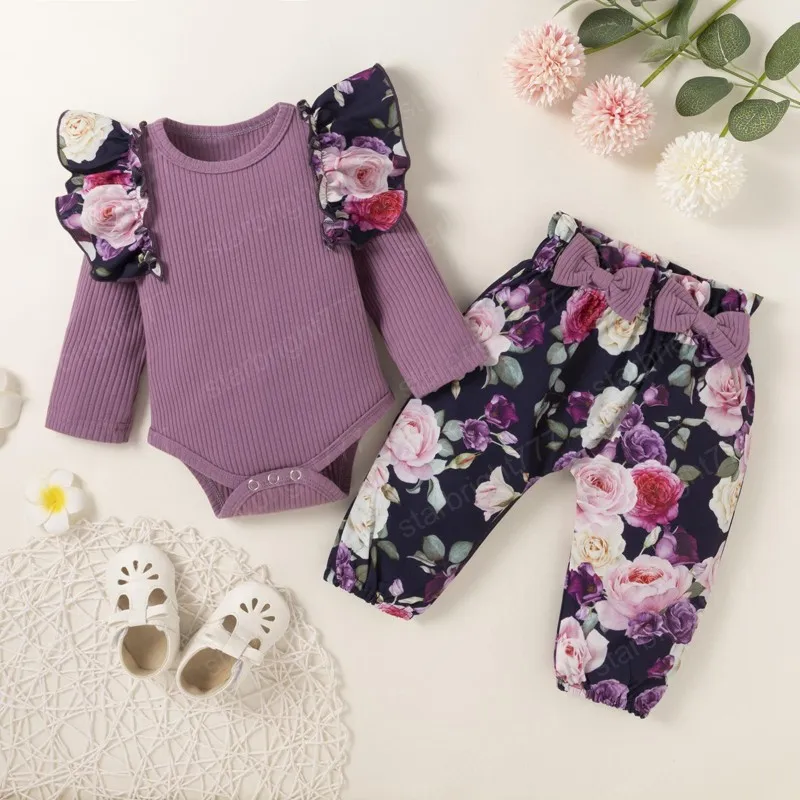 Girl Clothing Set Long Sleeve Flower Print Romper + Pants Autumn Cotton Soft Kids clothes Two Piece sets 3-24months