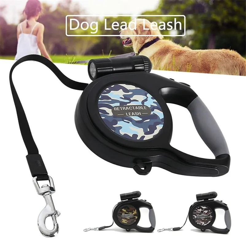5M 8M Durável Dog Leash Automatic Retrátil Dog Leash LED Lanterna Pet Leash para Filhote de Cachorro Médio Grande Cães com Saco de Lixo 210325