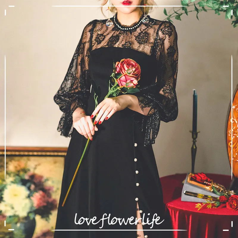 Robe Vintage noire femmes dentelle soirée rétro robe de soirée femme à manches longues Sexy bouton robe gothique corée automne 210521