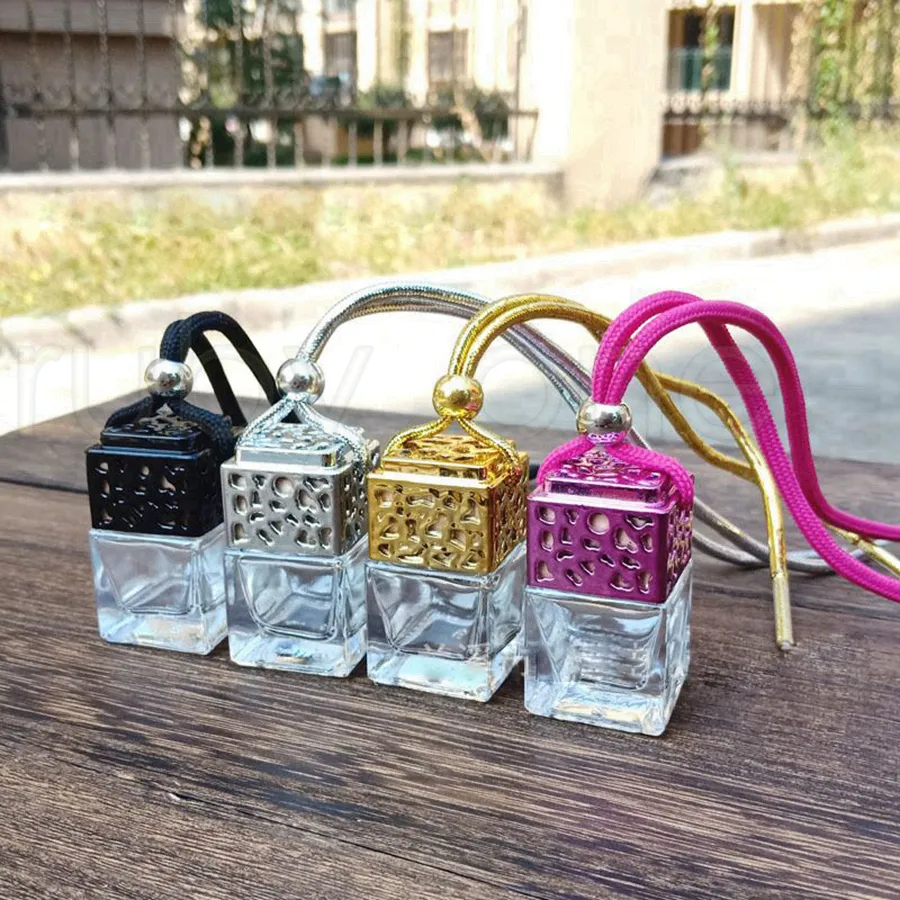 Cube Hollow Car Perfume Bottle Rearview Ornament Hanging Air Freshener Essential Oils Diffuser Fragrance Empty Glass Bottle Pendant RRA4212