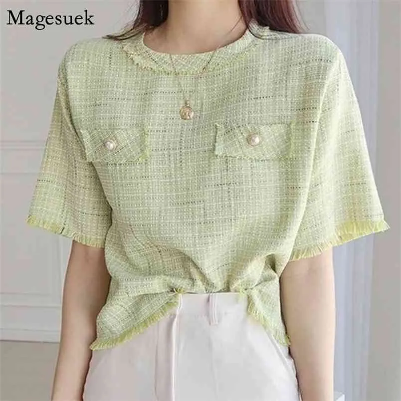 Coarse-Woven Short Sleeve Summer Tops Women Korean Fashion O Neck Woman Blouses Shirt Plus Size Womens Clothing 14494 210512