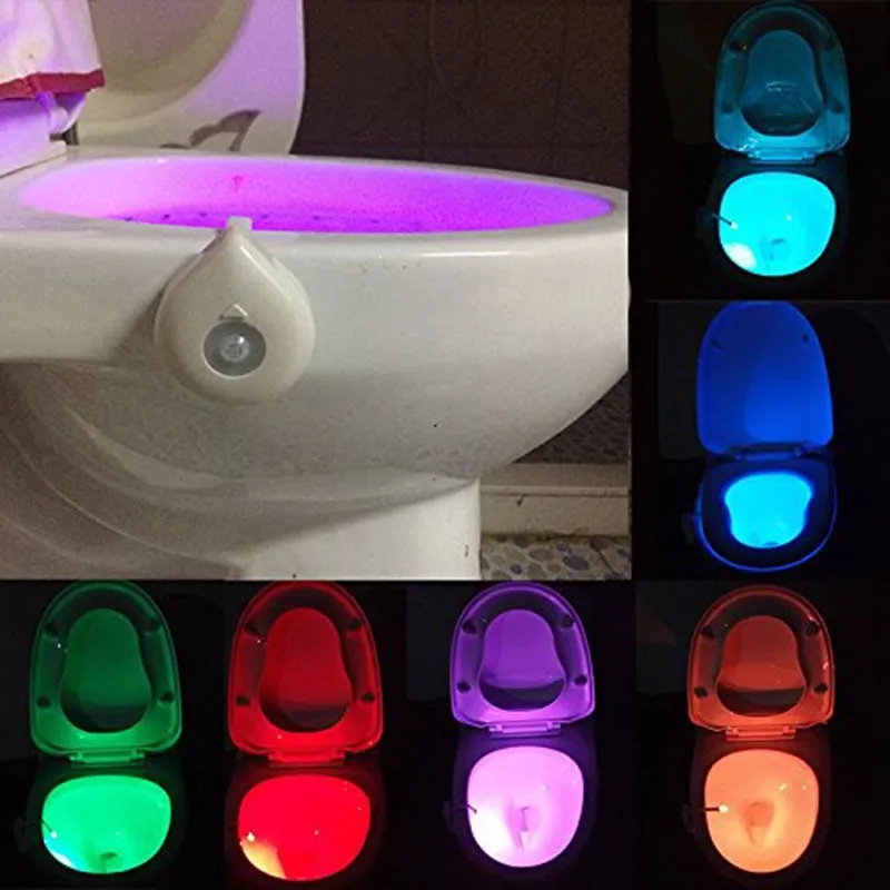Nouveauté LED siège de toilette éclairages de nuit détecteur de mouvement  WC lumières 8 couleurs lampe modifiable rétro-éclairage à piles AAA pour  bol