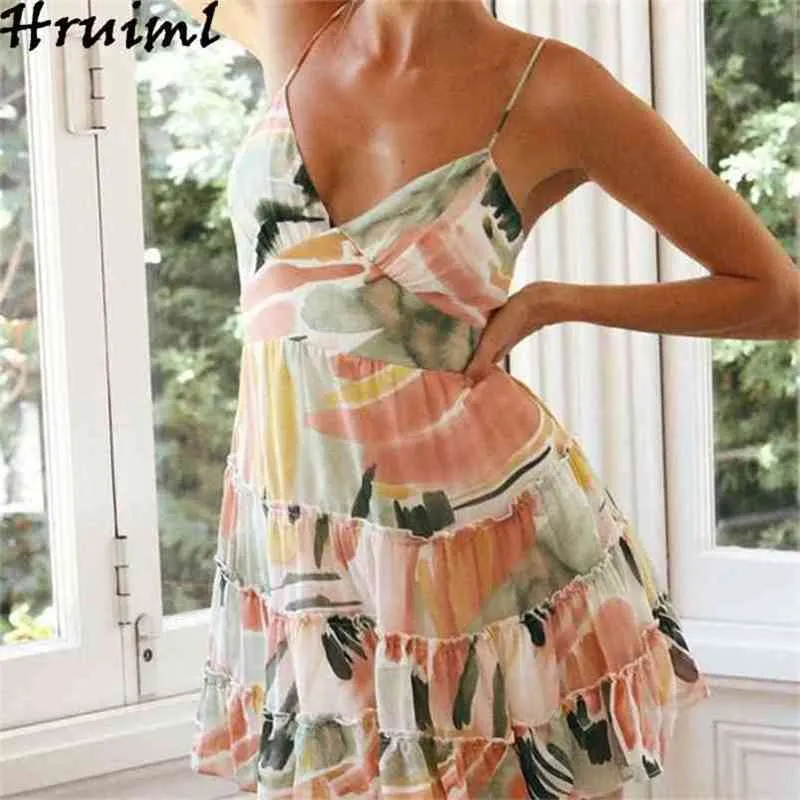 Deep V-neck Stitching Print Dress Holiday Ruffles Summer A-Line Sling Backless Off Shoulder Fashion Sale Beach 210513