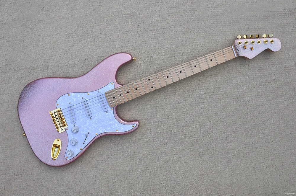 Pink Granule Paint Electric Guitar with Maple neck,White pearl Pickguard,Gold Hardware,Provide customized services