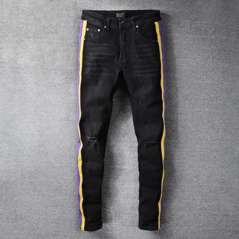 Streetwear Yellow Purple Striped Jeans Men Black Slim Ripped Fashion Brand Pants Casual Hip Hop Dance Four Season Pant