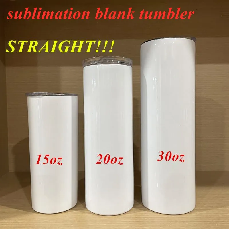 15oz 20oz 30oz Sublimation Straight Tumbler Skinny Tumblers Vakuumisolerad kopp Rostfri Stålklyfta med lock och strån i lager (sliverfärg)