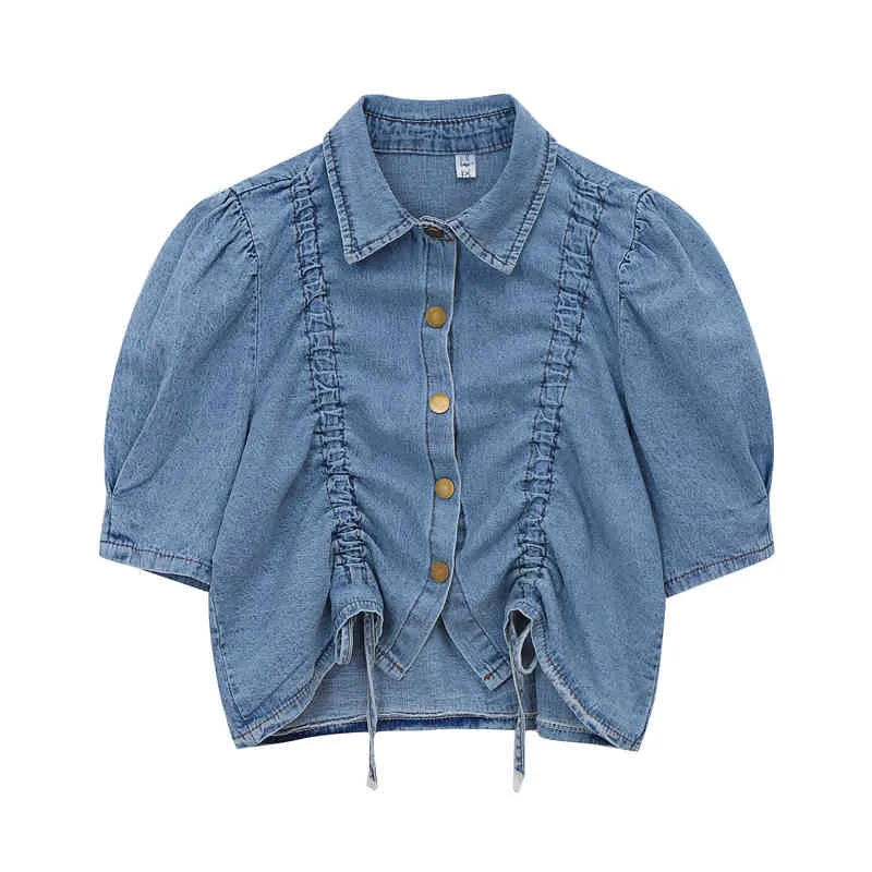Chemise en jean femme bleu col rabattu manches courtes bouton printemps été bouffée cordon B0666 210514