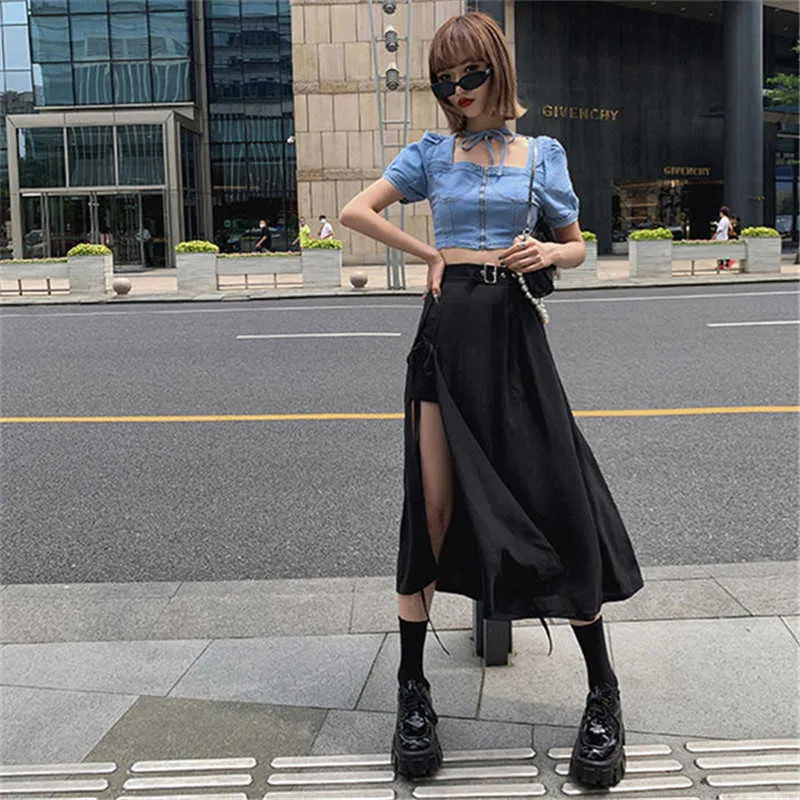 Streetwear Harajuku Lace Up Skirt Irregular Black High Waist Long