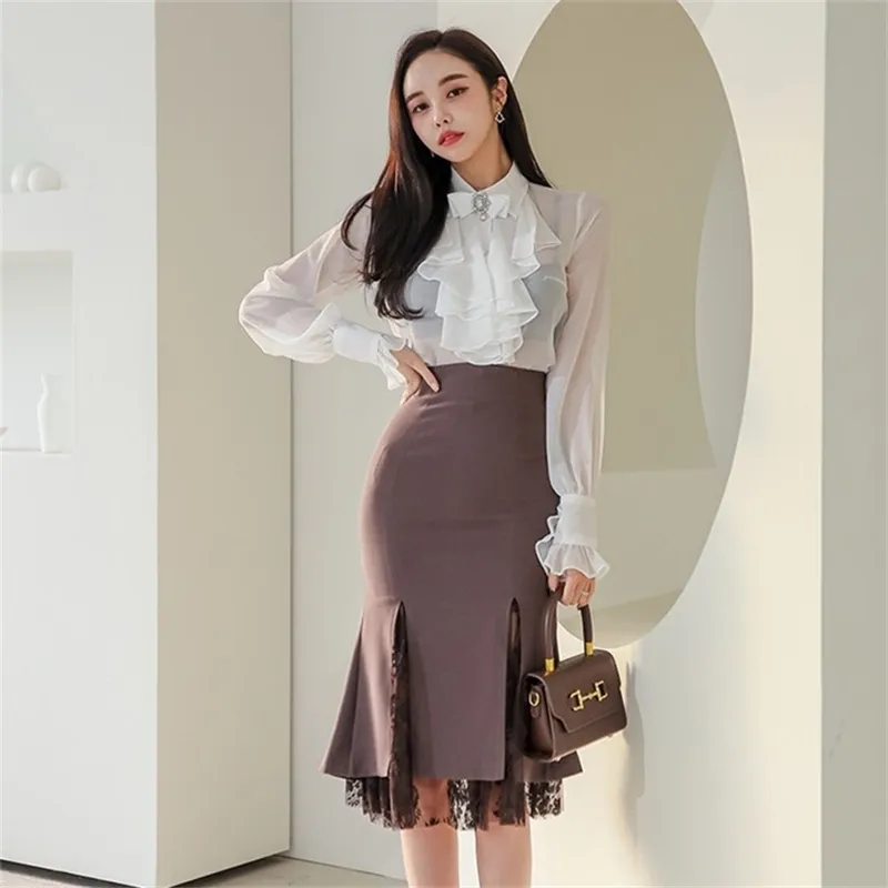 HIGH QUALITY Women Spring 2 Pieces Suits Peach heart type shirt Top + Bodycon Mermaid Skirts Evening Party Set 210603