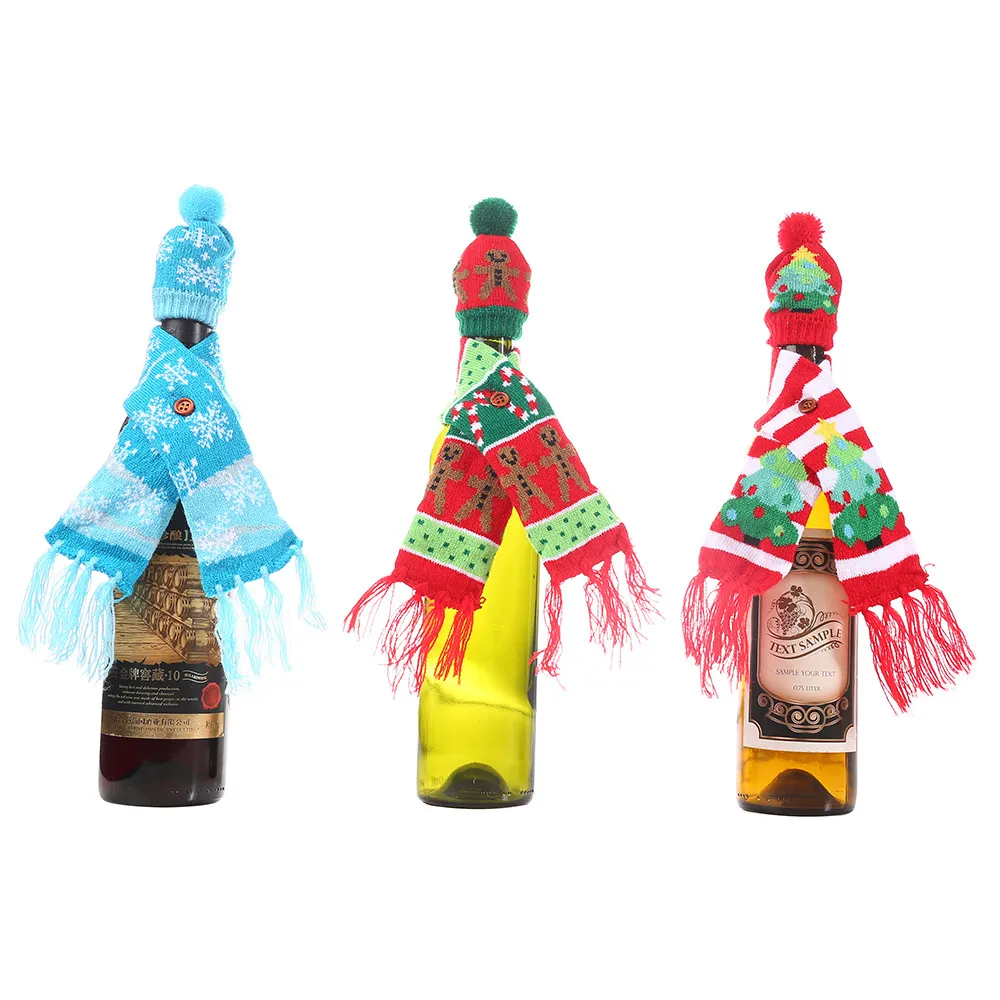 Knitted Scarf Button Wine Bottle Covers Christmas Ornaments Gingerbread Man Snowflake Tree Hat Cover FHL427-WY1607