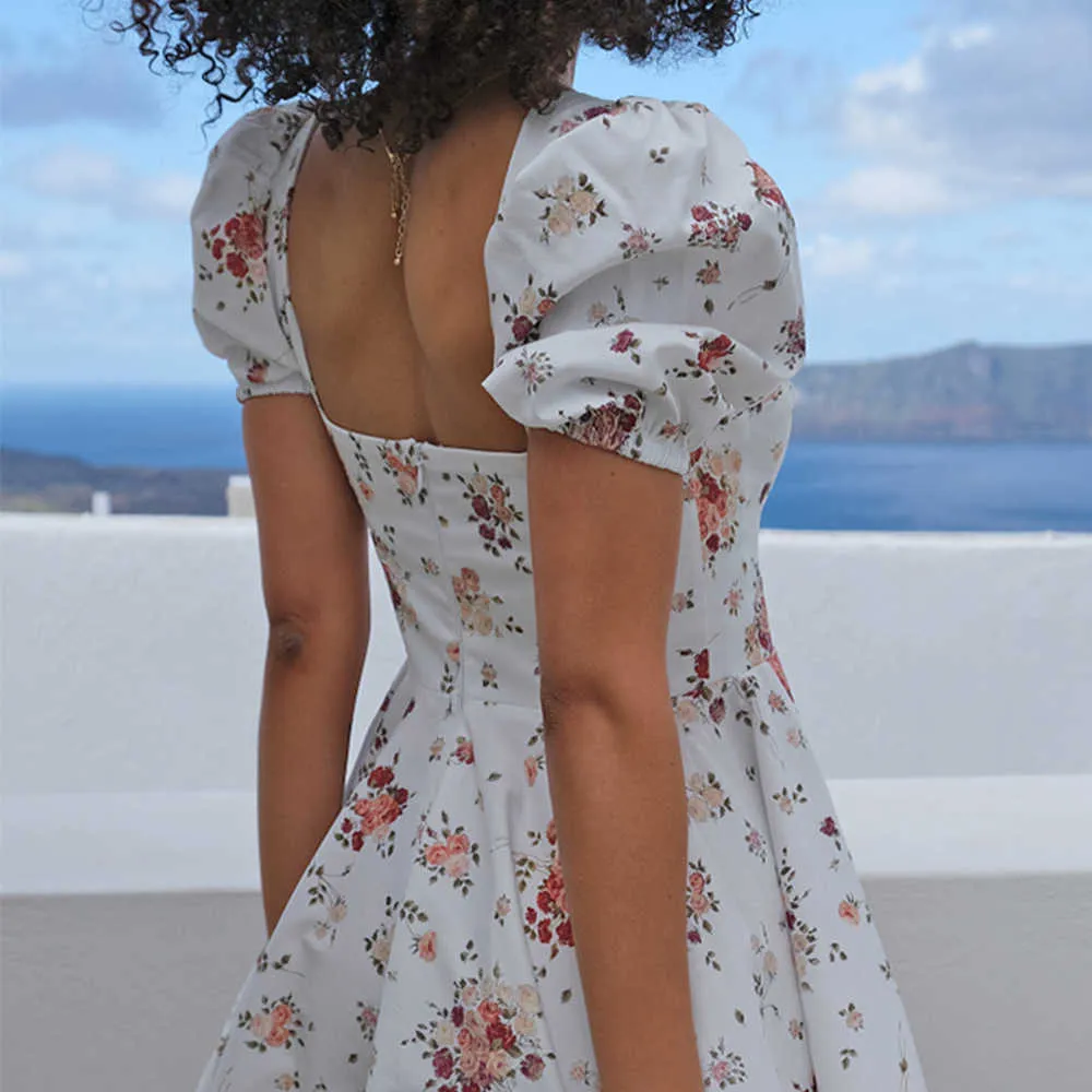 White Flower Print Short Puff Mini floral sundress midi with Square Collar and High Waist for Women - Perfect for Parties and Summer (210715) White Flower Print Short Puff Mini floral sundress midi with Square Collar and High Waist for Women - Perfect for Parties and Summer (210715)