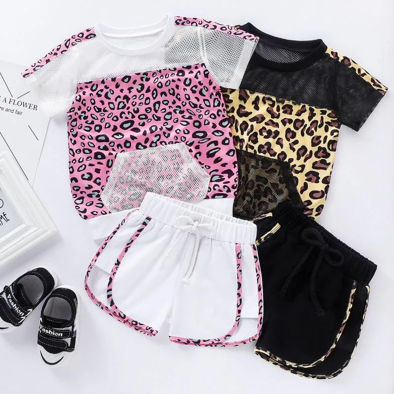 Zestawy odzieżowe Moda Baby Girls Krótki Rękaw Drukuj Net TH Koszulki Topy Casual Shorts Leopard Ubrania 0-5Y Letnie Dresy