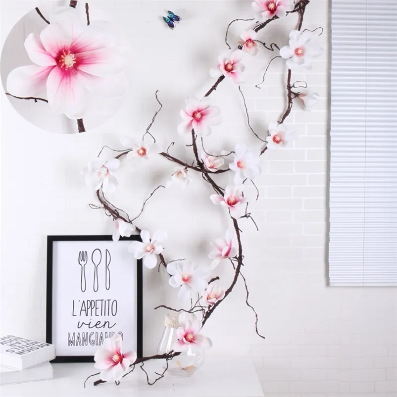 185 cm Magnolia artificiale Seta Fiore finto Fiore di orchidea di alta qualità Rami di alberi da parete Fiori in rattan Vite Decorazione di nozze 210317