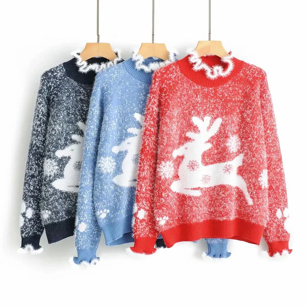 Jocoo Jole Women Loose Christmas Sweater Långärmad Turtleneck Deer Utskrift År Sweater Casual Ruffles Pullover Jumpers 210518