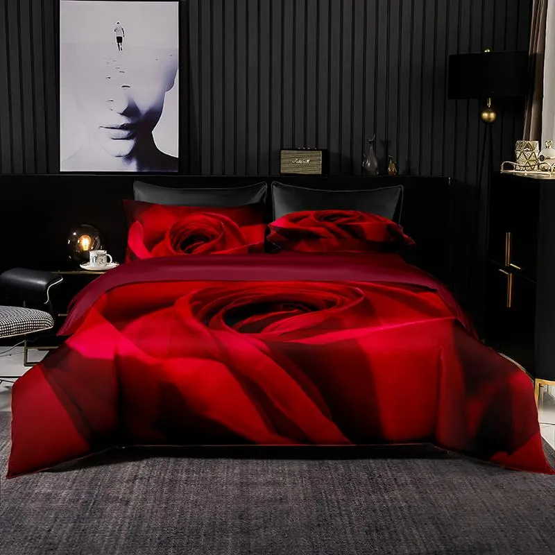 مجموعات الفراش نمط روز أحمر مجموعة غطاء لحاف 240x220 مع وسادة، 200x200 غطاء لحاف، HD طباعة الملكة الملك ورقة السرير