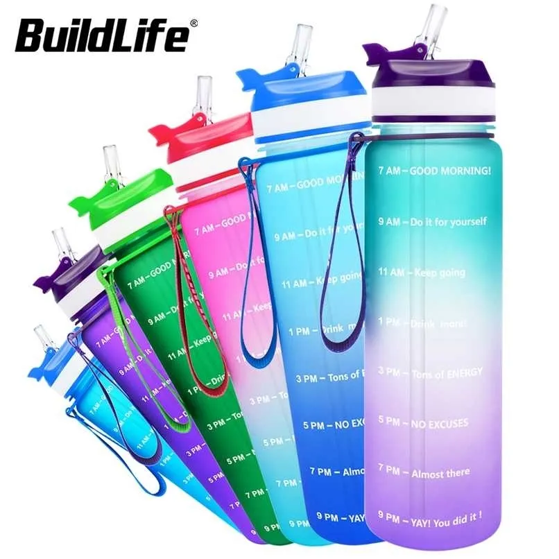 BuildLife Borraccia 1L 32oz Palestra Portatile Bollitore Fitness a Prova di Perdite Tritan con Cannuccia Bottiglie per Biciclette Bicchieri Brocche Senza BPA 211122