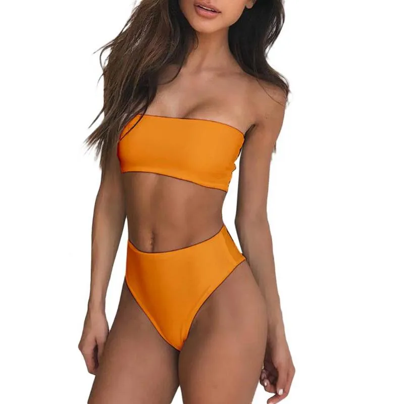 Women's Swimwear Sexy Women Solid Color Tube Top Bandeau High Waist Panties Set Bikini