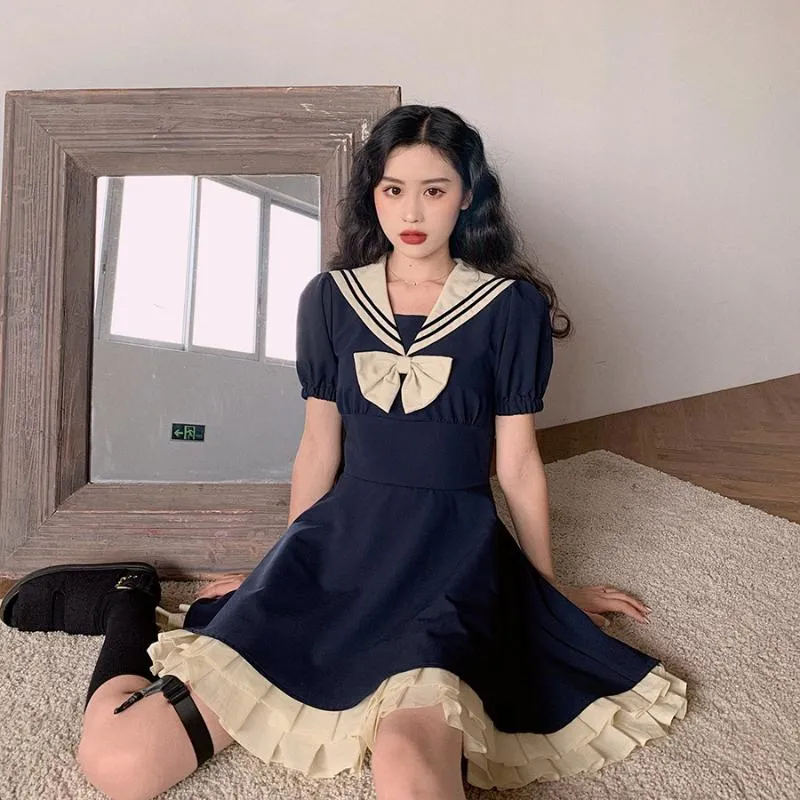 Dorywczo sukienki Harajuku Sailor Collar Granatowy Dress Japoński Lolita Słodka Dziewczyna Retro Bawełna Kawaii Preppy Style Temperament JK Mundur