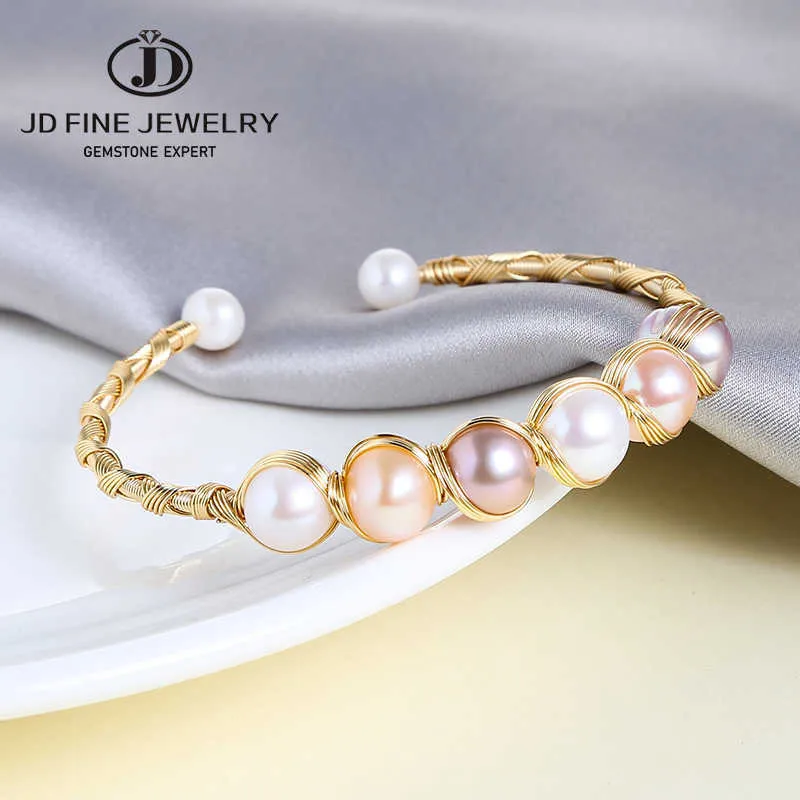 JD Original Natural Fresh Water Round Pearl Regulowany Bransoletka Bransoletka Dla Kobiet Wedding Gold Plated Luksusowe Biżuteria Q0720