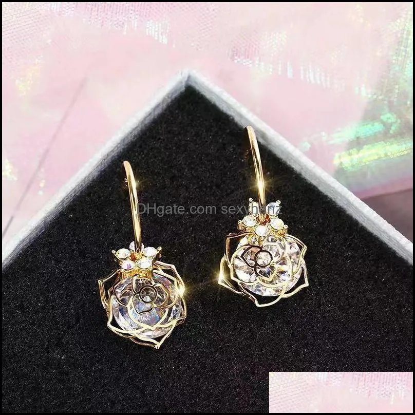 S1140 Hot Fashion Jewelry S925 Silver Post Hollowed Rose Earrings Zircon Dangle Earrings